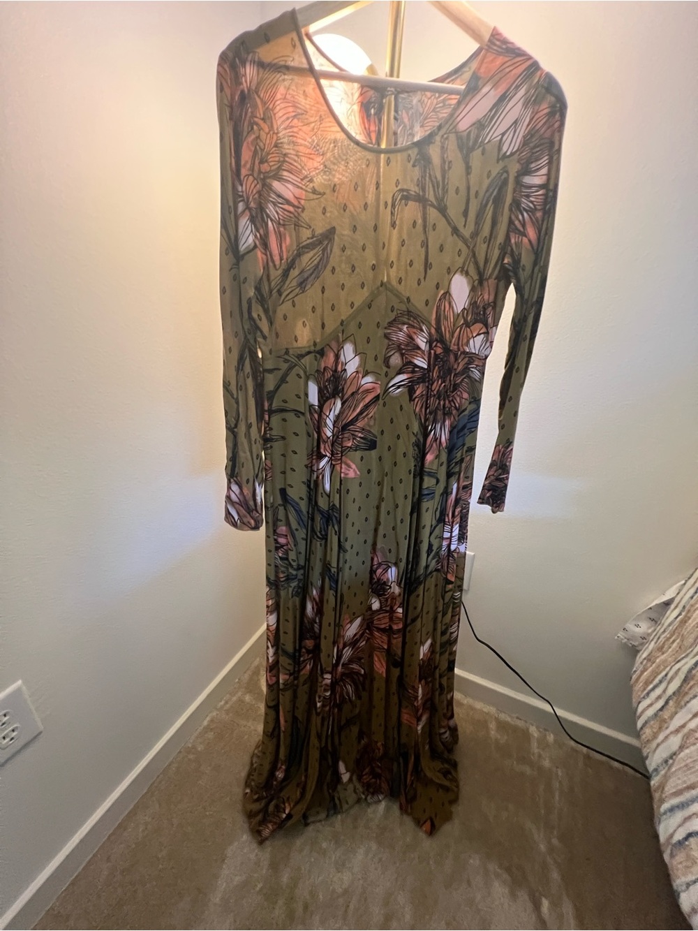 Free People Olive Green Maxi Dress with Pink Floral Print